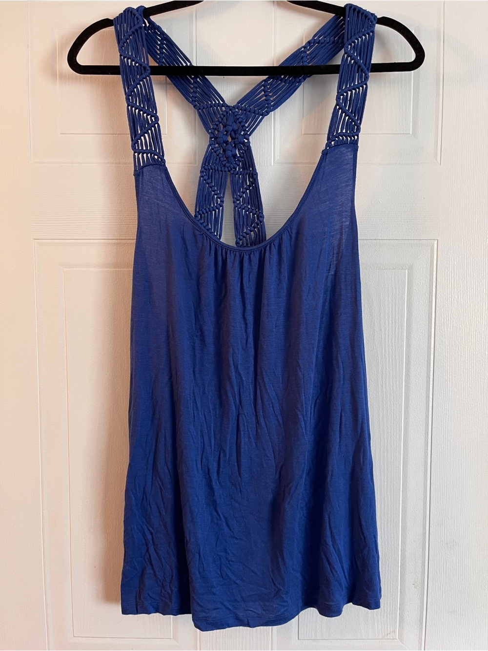 Women's Royal Blue Macramé Racerback Tank Top Boho Flowy Summer Camisole Large